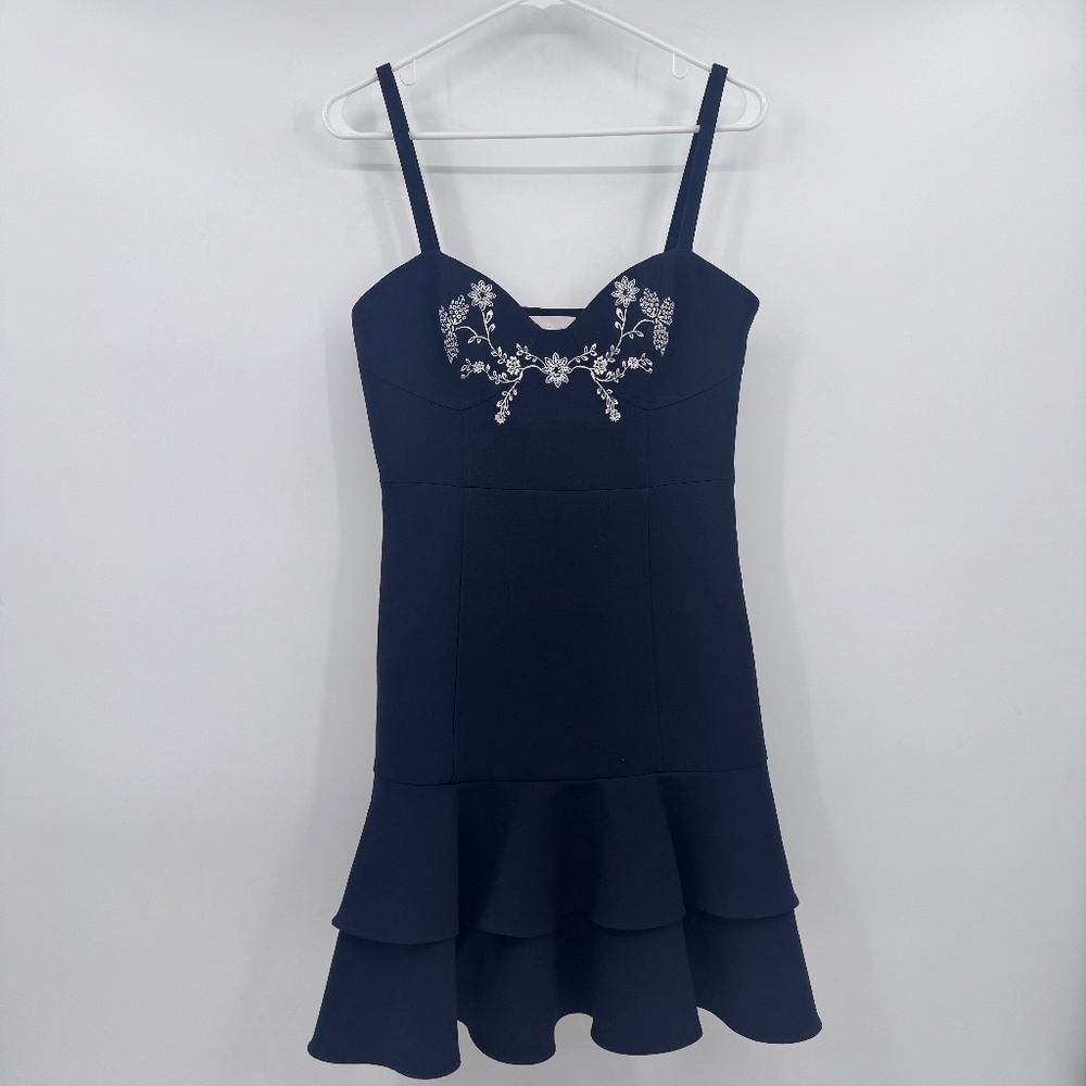 5 a 7 Clinq A Sept Dress Women 6 Blue Embroidered Spaghetti Straps Y2K Ruffle